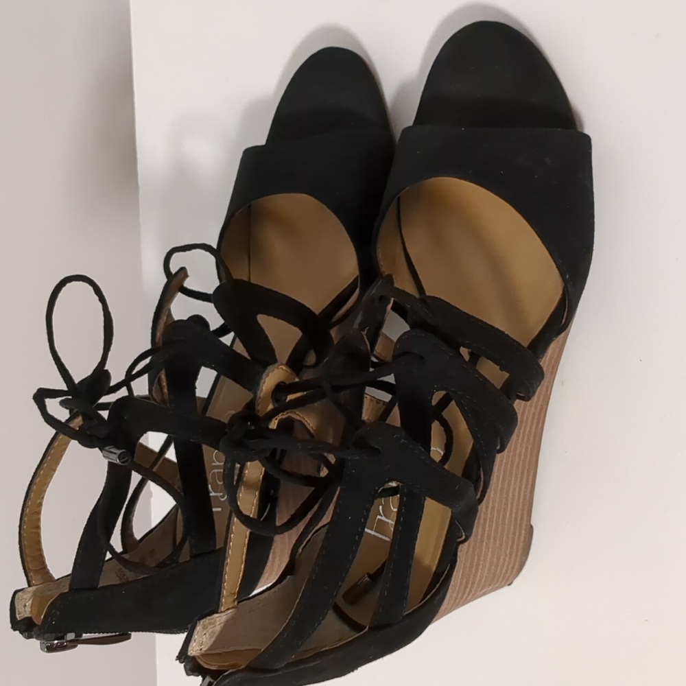 Black Lace-Up Wedge Sandals - Women